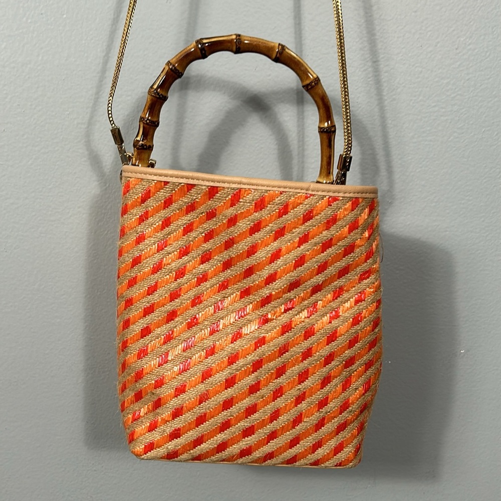 Sondra Roberts Woven Bucket Mini Handbag Crossbody with Bamboo Handle Orange